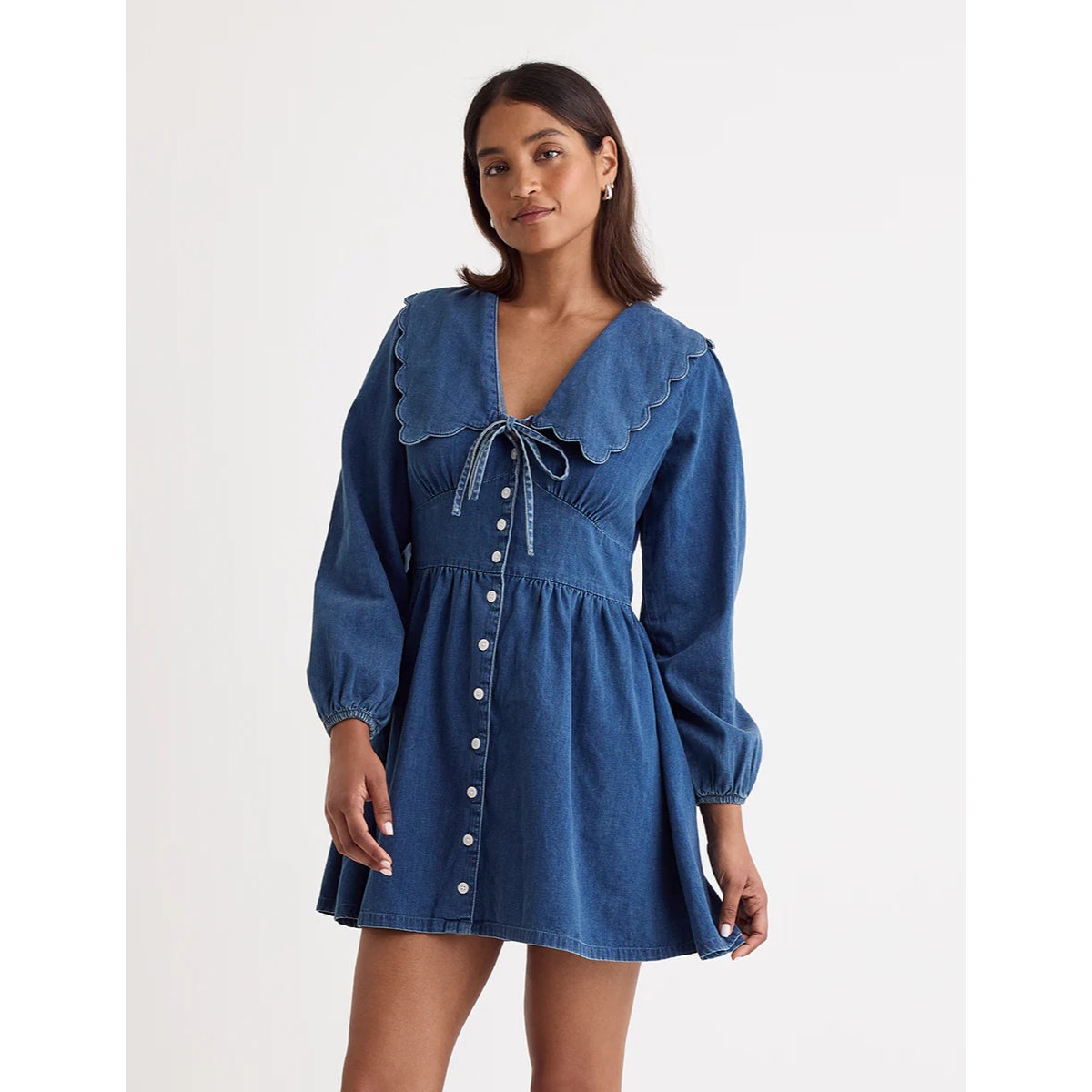 knee length dresses for ladies Denim Braided Mini Dress – self-portrait-US main image 0